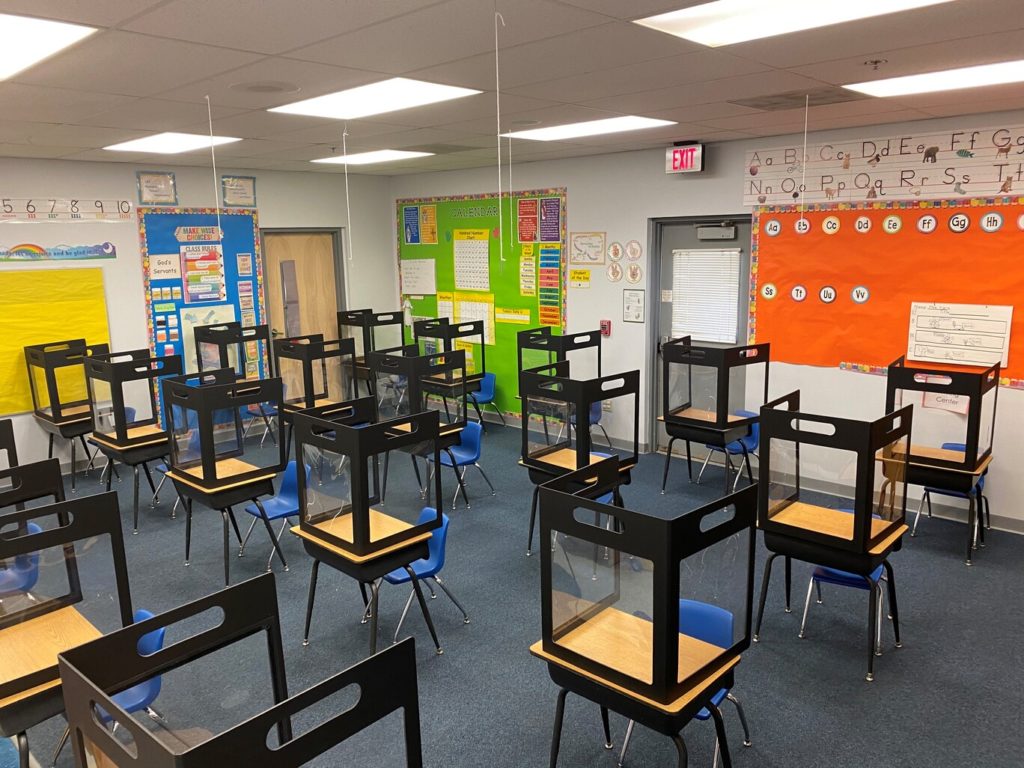 Classroom with Sneeze Guards for Schools implemented